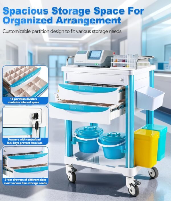 Medical Trolley Cart White with Laptop Tray & Oral Scanner Holder 220LBS, Mobile Rolling Workstation with Drawer & Lockable Wheels for Hospital Dental Clinic Beauty Salon Lab (White, with 1 Drawer)