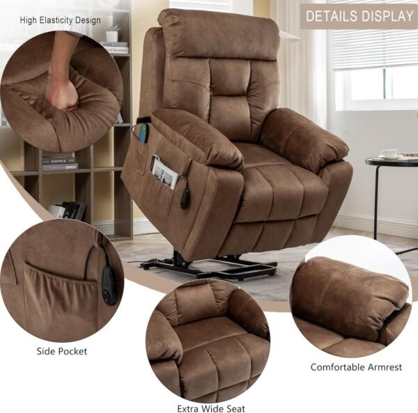 FUNECORP Big Man Power Lay Flat Lift Chair Oversized Recliner Dual Motor Heat Vibration for Elderly, Overstuffed Electric Extra Wide Recliners with Flip Arm Storage Cup Holders,USB Type C Charging