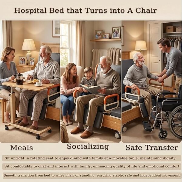 Rotating Hospital Medica Bed for Elderly Senior Disabled, Electric 90°Rotating Home Care Nursing Bed with Adjustable Lateral Tilt & Backrest Leg Height, with 4inch Mattress, 550lbs (Left rotat)