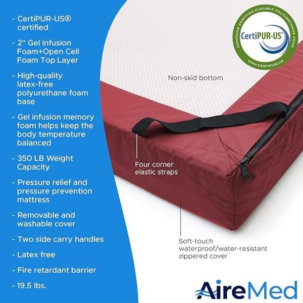 AireMed InstantEase Hybrid+ Multi Layered Hospital Bed Mattress - 2” Gel Infusion Memory Foam Top Layer for Comfort and Support - CertiPUR-US Certified - Bed Sore and Ulcer Prevention - 36” x 80” x 6”
