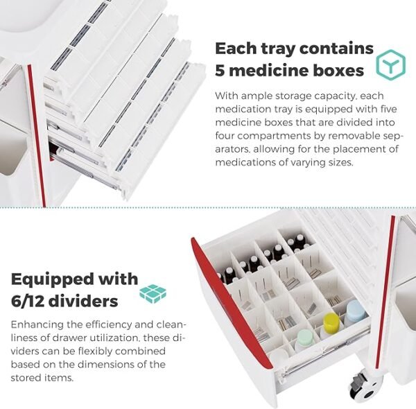 Medication Bins Cart with 200 Bins, 10 Drawers - Dual-Sided Open, 50 Medicine Boxes, Hidden Sub Workbench, Silent Casters, Container, 2 Trash Bin-Medical Crash Cart for Clinic, Hospital and Lab