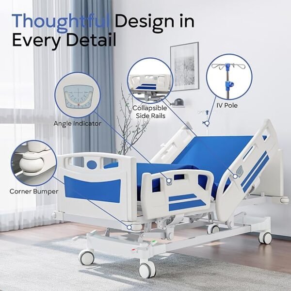 Premium Full Electric Hospital Bed for Home Use, 5 Function Medical Bed with 4.7” Foam Mattress, Height Adjustable, Central Locking System, Includes Sheets (2X) (5 Function)