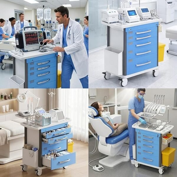81vCTo1NjzL._AC_SX679_ Medical Crash Cart | Emergency Rolling Trolley with 5 Locking Drawers | Hospital Procedure & Lab Utility Cart w/IV Pole, CPR Board, Defib Shelf & Power Strip | Mobile Workstation for Dental & Clinic