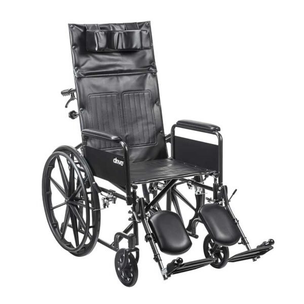 Drive Medical SSP16RBDFAV Silver Sport Recliner, Vinyl Upholstery, 16" Wide Seat, Hydraulic Reclining Mechanism, Carbon Steel Frame, Composite Mag-Style Wheels, 8" Front Casters, Padded Armrests