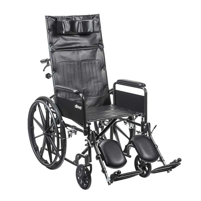 Drive Medical SSP16RBDFAV Silver Sport Recliner, Vinyl Upholstery, 16" Wide Seat, Hydraulic Reclining Mechanism, Carbon Steel Frame, Composite Mag-Style Wheels, 8" Front Casters, Padded Armrests