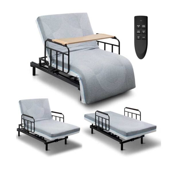 Adjustable Hospital Bed for Seniors Elderly with Mattress, Electric Lift Bed with Remote, Fall-Safe Frame&Meal Tray,Head&Foot Incline,Adjustable Bed Base for Safe Lying/Standing/Aid/Sitting,Twin