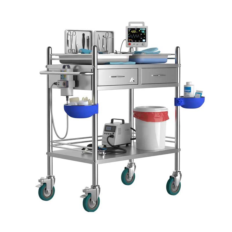 *Improved & Upgraded* Medical Stainless Steel 2 Tier Rolling Cart with Wheels and Drawers | Dental Hospital Nursing Trolley | Easy-to-Disinfect Phlebotomy Mobile Workstation