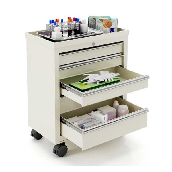 Medical Cart with 5 Drawers and Lock, Rolling Medical Bedside Cabinet on Wheels, Steel Medication Cart 13" D x 24.5" W x 29" H for Hospital Clinic Office School Infirmary, Beige