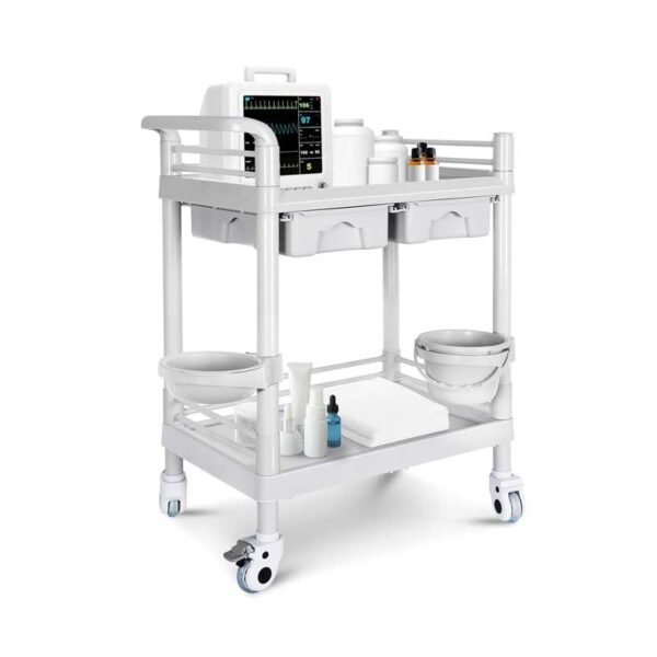 Mobile Medical Cart, 2 Tier Trolley 120 Lbs, with 2 Drawers Carts, Beauty Salon Rolling Trolley with Dirt Buckets, 360° Rotate Wheels, Heavy Duty Medical Utility Cart for Hospital Dental Clinic