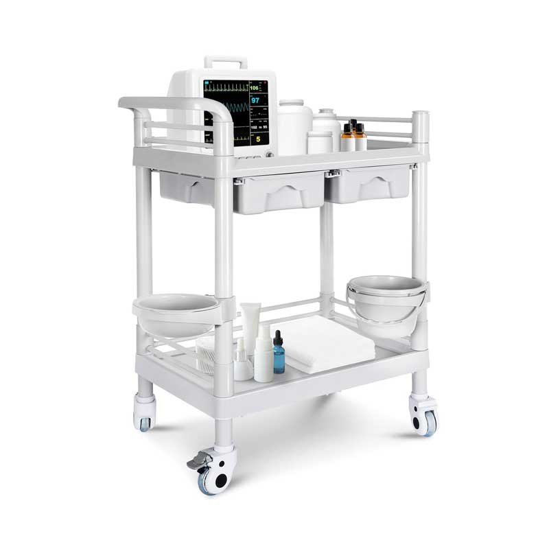 Mobile Medical Cart, 2 Tier Trolley 120 Lbs, with 2 Drawers Carts, Beauty Salon Rolling Trolley with Dirt Buckets, 360° Rotate Wheels, Heavy Duty Medical Utility Cart for Hospital Dental Clinic