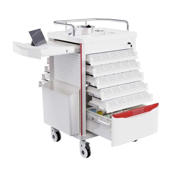 Medication Bins Cart with 200 Bins, 10 Drawers - Dual-Sided Open, 50 Medicine Boxes, Hidden Sub Workbench, Silent Casters, Container, 2 Trash Bin-Medical Crash Cart for Clinic, Hospital and Lab