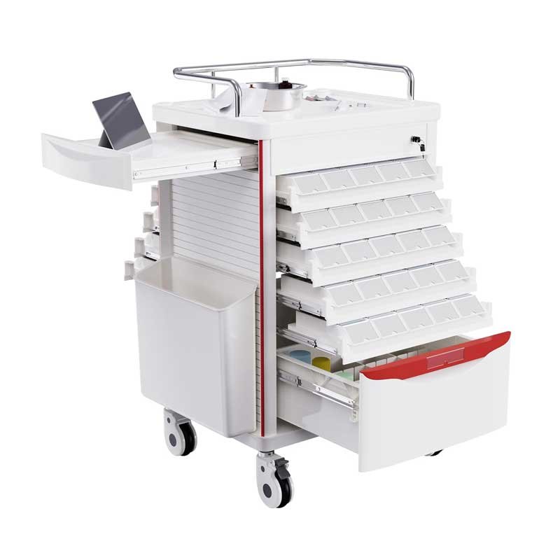 Medication Bins Cart with 200 Bins, 10 Drawers - Dual-Sided Open, 50 Medicine Boxes, Hidden Sub Workbench, Silent Casters, Container, 2 Trash Bin-Medical Crash Cart for Clinic, Hospital and Lab