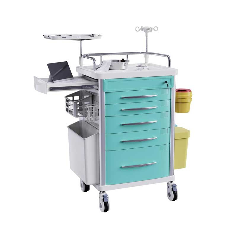 Rolling Crash Cart Medical with Drawers - Adjustable IV Pole, Silent Casters, Needle Disposal Holder, Trash Bin, O2 Holder, Utility Trolley Cart for Clinic, Hospital, Salon, Lab