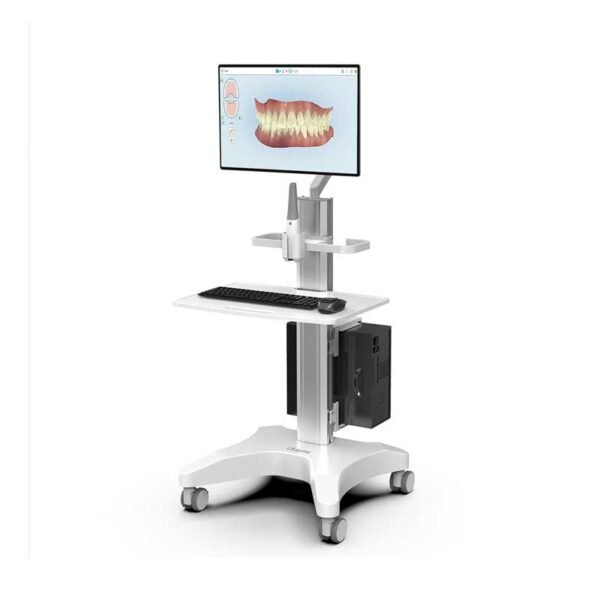 White Mobile Medical Trolley Dental Cart with Pneumatic Arm & Oral Scanner Holder | 360° lockable wheels, 30kg Load tray,Hiddern cable management, mobile cart for dental,hospital,beauty salon,sit/stand use
