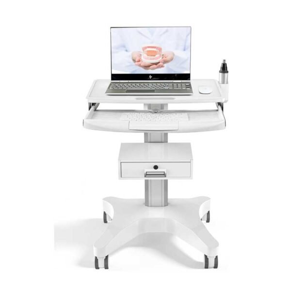 Medical Trolley Cart White with Laptop Tray & Oral Scanner Holder 220LBS, Mobile Rolling Workstation with Drawer & Lockable Wheels for Hospital Dental Clinic Beauty Salon Lab (White, with 1 Drawer)
