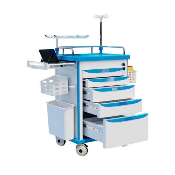 Medical Rolling Storage Crash Cart with Wheels, 5-Tier Medical Cart with Drawers, Adjustable IV Pole, Trash Bin & O2 Holder, Needle Disposal Holder, Silent Casters, Ideal for Hospitals (Grey)