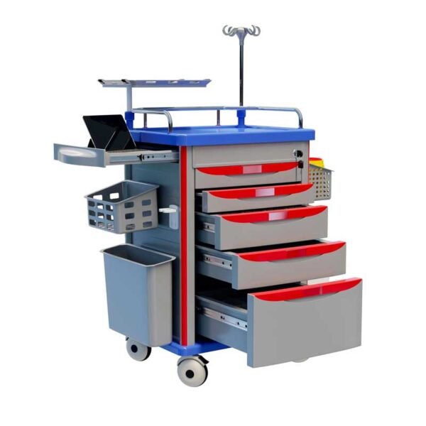 Medical Rolling Storage Crash Cart with Wheels, 5-Tier Medical Cart with Drawers, Adjustable IV Pole, Trash Bin & O2 Holder, Needle Disposal Holder, Silent Casters, Ideal for Hospitals (Grey)